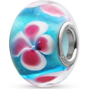 Quiges - Glazen - Kraal - Bedels - Beads Baby Blauw met Roze Bloemen Past op alle bekende merken armband NG2031