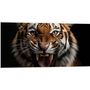 PVC Schuimplaat- Portret van Leeuw met Scherpte Tanden tegen Zwarte Achtergrond - 100x50 cm Foto op PVC Schuimplaat