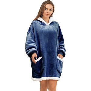 Hoodie Deken – Extra Groot – Hoge Kwaliteit Sherpa Fleece - One Size - Blauw