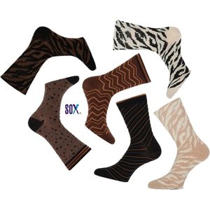 CRAZY SOX 6 PACK Multipack Dames met fantasie in Bruin/Beige/Zwart 37/42 in katoen en zonder teennaad Roze/grijs/zwart en Roest/roze/grijs