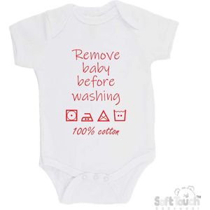 100% katoenen Romper ""Remove baby before washing 100% cotton"" Unisex Katoen Wit/rood Maat 68/74