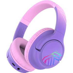 PowerLocus Bobo - Draadloze Koptelefoon voor Kinderen - Bluetooth koptelefoon - 74/85/94dB Volumebegrenzing - Led Verlichting - Audio Sharing Functie - Purple/Pink