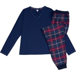La-V pyjamaset voor dames met geruite flanel broek en V hals met kant contrast Donkerblauw/Rood XXL