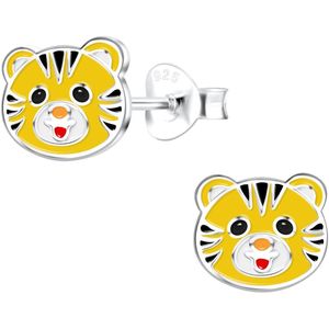 Joy|S - Zilveren tijger oorbellen - 8 x 7 mm - tijger kat oorknoppen voor kinderen - oranje/geel