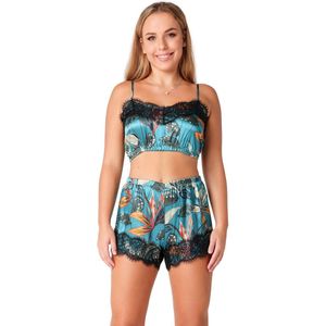 Bellivalini – Damespyjama - Tweedelige Top Met – Bandjes - Pyjama in Satijnen – V-hals – Patroon -Emerald Leaves – XS