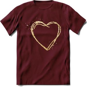 Valentijn Goud Hart T-Shirt | Grappig Valentijnsdag Cadeautje voor Hem en Haar | Dames - Heren - Unisex | Kleding Cadeau | - Burgundy - L