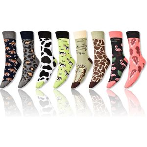 More Fashion - Heren Sokken - Maat 39 40 41 42 - 4-Pack - Leuk Asymmetrisch Print - Kleurrijk - Koe Flamingo Giraf Tijger - Dierenprint - MADE IN EU