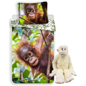 Dekbedovertrek Orang Oetan Baby- 140x200 cm- katoen- incl. knuffel slingeraap 70/90 cm