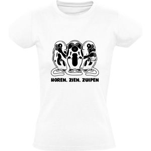 Horen, zien, bier zuipen Dames T-shirt - drank - alcohol - feest - aap - kroeg - cafe - humor - grappig