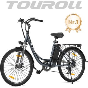 Touroll B1 Electric City Bike, 250W Motor, 45Nm Torque, 26""x1.95"" Tire, 36V 15.6Ah Battery, 90km Max Range, 7-Speed Shimano Gear 5 Assist Levels 6km/h Walk Mode, Mechanical Shock Absorber IPX4 - Black