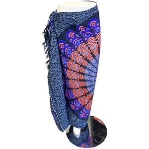 Om Namaste Sarong - Mandala - Oranje & Blauw op Zwart - 100% Rayon - 170 x 110 cm