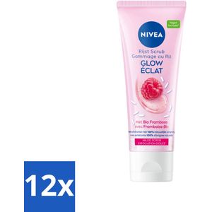 12 x NIVEA - Gezichtsscrub - Glow Gezicht Rijstscrub - Voor droge & gevoelige huid - Met Japonica-rijstzaden & Biologische Framboos - 75 ml - Gezichts Scrub - Rijst Scrub - Droge Huid - Gevoelige Huid - Natuurlijke Glow