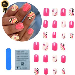 GUAPÀ® Plaknagels | 24 stuks valse nagels | Press On Nails | Zelfklevende Plaknagels | Nepnagels | Kunstnagels | Compleet plaknagels starterspakket | Nagels Wraps | Nail Art | Zomer Nagels | Feest Nagels | 24 stuks plaknagels Roze met Panterprint
