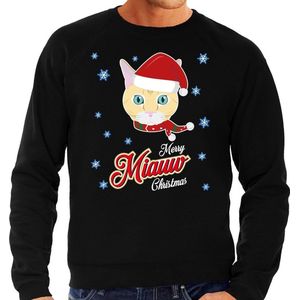 Foute Kersttrui / sweater - Merry Miauw Christmas - kat / poes - zwart voor heren - kerstkleding / kerst outfit S