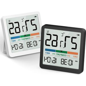 Kleine Digitale Kamerthermometer Hygrometer met Klok en Comfort Display - Indoor Temperatuur Vochtigheidsmeter Sensor Luchtmonitor (Zwart+Wit)