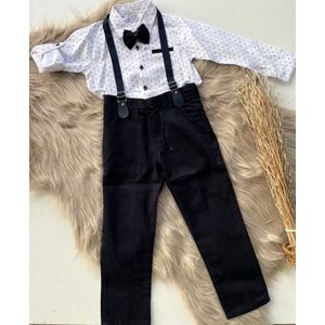 luxe jongens kledij- vierdelige katoenen jongens set-4 delig kinderpak- gestippeld overhemd, verstelbare bretels en vlinderdas- kostuumbroek(marineblauw),hemd - feest outfit-bruidsjonkers-bruiloft-communie-verjaardag- 1 jaar