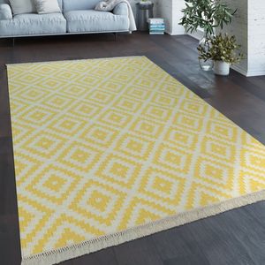 Paco Home Vloerkleed Modern Marokkaans Patroon Handgeweven Scandinavisch Ruiten Franje Geel Wit 60x110 cm