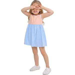 RobyKris Meisjes Badstof jurk - Katoen - Blauw/perzik - Maat 92-98