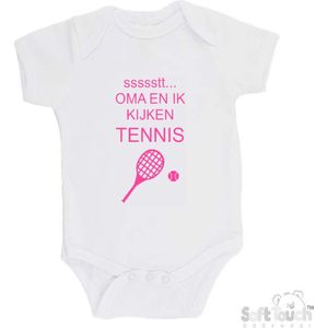 100% katoenen Romper ""ssssstt... Oma en ik kijken tennis"" Meisjes Katoen Wit/roze Maat 56/62