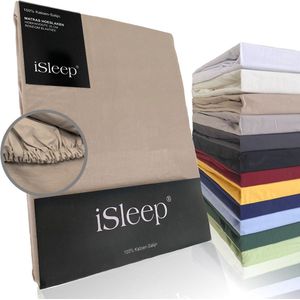 iSleep Katoen-Satijnen Hoeslaken - Hoge Hoek - Rondom Elastiek - Litsjumeaux - 180x220+40 cm - Medium Beige