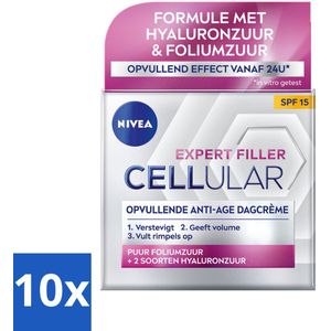 NIVEA - CELLular Expert Filler Dagcrème - Anti-Veroudering Gezichtscrème - SPF 15 - Met Hyaluronzuur, Creatine & Foliumzuur - 50 ml - Bulkverpakking - 10 stuks