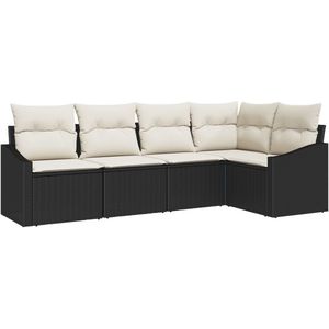 vidaXL - 5-delige - Tuin - Sofa - Set - met - Kussens - Zwart - Poly - Riet
