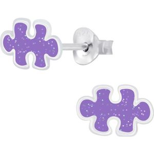 Joy|S - Zilveren puzzel oorbellen - glitter paars - puzzelstukje oorknoppen