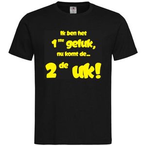 Shirt Aankondiging zwangerschap Ik ben het 1ste geluk, nu komt de ... 2de uk! | korte mouw | zwart/fluor yellow | maat 122/128 zwangerschap aankondiging bekendmaking Baby big sis bro sister brother Grote Zus Broer