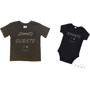 2-pack - T-shirt ""Oudste""- Grote broer/zus T-shirt - (maat 110/116) & Soft Touch Romper ""Jongste"" Zwart/grijs maat 56/62 set van 2