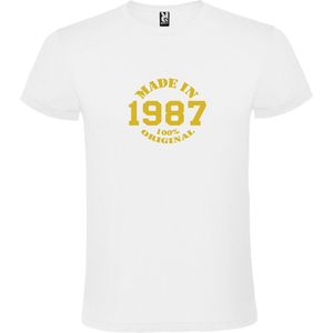 Wit T-Shirt met “Made in 1987 / 100% Original “ Afbeelding Goud Size XS