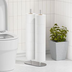 Staande toiletpapierhouder (met reservefunctie), vrijstaande toiletpapierhouder met grote capaciteit en dubbele stang, roestvrijstalen toiletpapierhouder voor de badkamer.