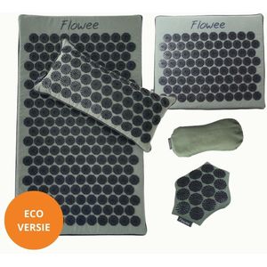 Flowee Relaxset PRO - Spijkermat ECO, spijkerkussen, spijkermat klein, spijkermat massagehand & Oogkussen - Groen met grijs - Vulling Kokosvezels & Boekweitkaf & Lavendel (77x45+22x44cm) - Acupressuur Mat - Spijkerbed - Shakti - Vijf jaar Garantie