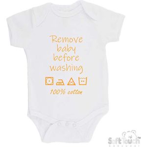 100% katoenen Romper ""Remove baby before washing 100% cotton"" Unisex Katoen Wit/mosterd Maat 62/68