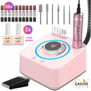 CACCIO® Roze Elektrische Nagelfrees-40.000RPM-Electrische Nagelvijl set-Nagelvijl elektrisch-Licht Gewicht Techno-Incl.6nagelbitjes- 2x 15ml gellaken-36 schuurrolletjes-Manicure Pedicure Voeten Handen-Vijl-Acrylnagels-Gelnagels-manicure pedicure set