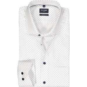 OLYMP modern fit overhemd - mouwlengte 7 - Oxford - wit met blauw dessin - Strijkvrij - Boordmaat: 40