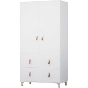 InspireMe-Kledingkast ,Moderne kast voor de woonkamer, garderobe voor een kinderkamer, - 4 lades -2 deuren- (Breedte 104 cm, Hoogte 202 cm, Diepte 55 cm) - FAGO (Wit) 2D4S