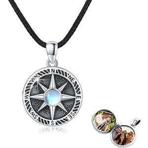 Sterling Zilveren Medaillon Halsketting met Kompas, Hart, Maansteen, Zon, Kolibrie, Wolvenkop en Keltische Knoop - Gepersonaliseerde Foto Hanger voor Mannen, Zonen, Jongens en Vrouwen