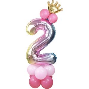 Prinsessen Verjaardag 2 Jaar - Roze Ballonnen Set - Leeftijdballon - Feestversiering / Verjaardag Versiering - Prinses Feestje - Kinderfeestje - Regenboog / Roze - Prinsessenkroontje Ballon - Prinsessen Ballon - Feestpakket - Roze Ballonnen