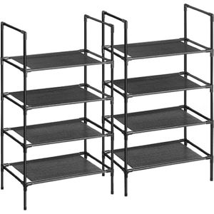 schoenenrek met 4 planken, set van 2, schoenenrek, schoenenrek, metalen frame, planken van niet-geweven stof, voor gang, slaapkamer, woonkamer, 45 x 28 x 80 cm, zwart