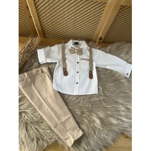 klassieke jongens kledij- vierdelige katoenen jongens set- witte overhemd met print, verstelbare bretels en vlinderdas- kostuumbroek (beige) - feest outfit-bruidsjonkers-bruiloft-verjaardag-8 jaar maat 128