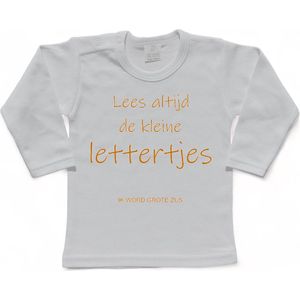 Shirt Aankondiging zwangerschap ""Lees altijd de kleine lettertjes (ik word grote zus)"" | lange mouw | Wit/tan | maat 98 zwangerschap aankondiging bekendmaking Baby big bro Sis Sister