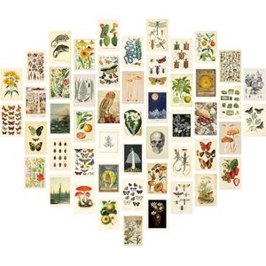 Provento - Retro wandcollageset met 50 stuks, vintage plantenmuurkunst, posters voor woonkamer en kantoor decoratie