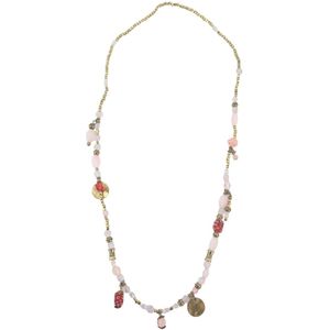 Behave - Ketting - 102 cm Lang - Roze en Rode Glaskralen - Antiek Goudkleur