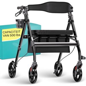 Extra Brede Aluminium Rollator – Verstelbare Comfort Zitting & Hoge Draagkracht Tot 226 Kg – Opvouwbaar & Stevig Ontwerp