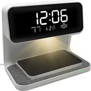 Digitale Wekker - Wake Up Light - Wekker met Draadloze Oplader - Wit - Twee Alarmen - Dimbaar - Kinderwekker - Instelbare Nachtlamp