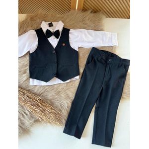 luxe jongens kostuum-kinderpak- kinderkostuum-3 delige zwarte set -zwart vest, broek, effen witte hemd, vlinderstrik-bruidsjonkers-bruiloft-feest-verjaardag-fotoshoot-2 jaar maat 92
