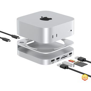 Casecentive - Aluminium 7-in-1 Dockingstation Hub Stand - Geschikt voor Mac Mini M4/M4 Pro - USB C - USB A - (Micro)SD card - SSD Slot - Zilver