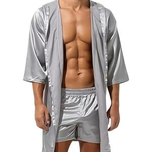 Bovista Satijnen Badjas Heren - Kimono - Kamerjas - Satijn - Ochtendjas - Pyjama - Grijs - Maat L