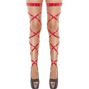 Sexy Wrap Kousen – Verleidelijke Stay-Up Stockings met Veters – One Size – Rood met Steentjes – Luxe Erotische Lingerie - Veters Benen Hakken