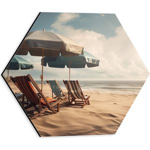 Dibond Hexagon - Strandstoelen en Parasols op het Strand op Bewolkte Dag - 30x26.1 cm Foto op Hexagon (Met Ophangsysteem)